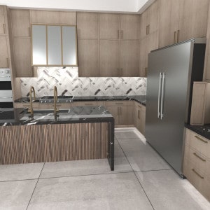 a 3d render of a custom built kitchen made in sketchup and twinmotion