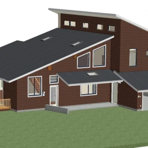 a 3d render of a two story house with a black roof in sketchup